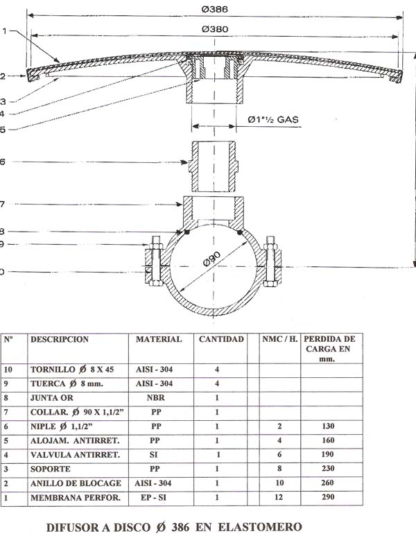 plano Difusor de microburbuja a disco 9 260 - ELASTOMERO -Difusores para Depuración y agitaciÓN de aguas 